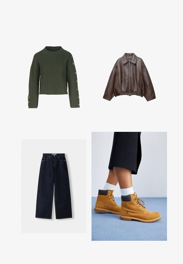 Donkerbruine leren jas met kraag, rits aan de voorkant, zijzakken en een bijpassende leren riem in de taille.; Groene geribde trui met een bootcollar, cropped ontwerp en lange mouwen met gouden knopen aan de linkerkant.; Donkerblauwe denim wijduitlopende jeans met een hoge taille, vijf zakken, contrasterende stiksels en zilveren metalen hardware. Gladde textuur en een nette afwerking.; Tan suède enkellaarsjes met bruine leren accenten, gouden oogjes en een getextureerde zool. Witte sokken zichtbaar boven de laarsjes.