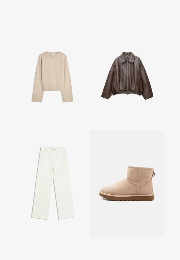 Mørkebrun læderjakke med krave, lynlås foran, sidelommer og et matchende læderbælte ved taljen.; Beige cropped sweater lavet af blød strik. Har rund halsudskæring, lange ærmer samt ribbede manchetter og kant for ekstra tekstur.; Hvide jeans med højt liv og lige ben, med forlommer og knaplukning på hvid baggrund.; Beige ruskindsankelstøvle med rund tå, synlige sting og en tekstureret brun gummisål. Har en træksløjfe på bagsiden.