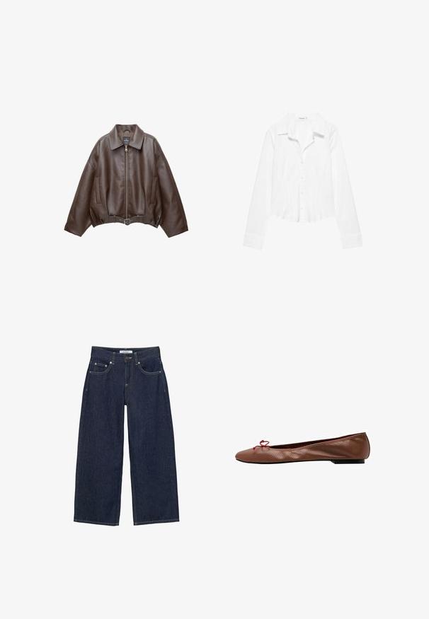 Veste en cuir marron foncé avec col, fermeture éclair à l'avant, poches latérales et ceinture en cuir assortie à la taille.; Chemise blanche à manches longues avec col, taille légèrement cintrée et poignets boutonnés, présentée sur fond blanc.; Jean denim bleu foncé à jambes larges avec poches devant, passants pour ceinture, fermeture à boutons et surpiqûres contrastantes.; Ballerine en cuir marron perforé avec un petit nœud rouge sur l'avant arrondi et un petit talon noir.