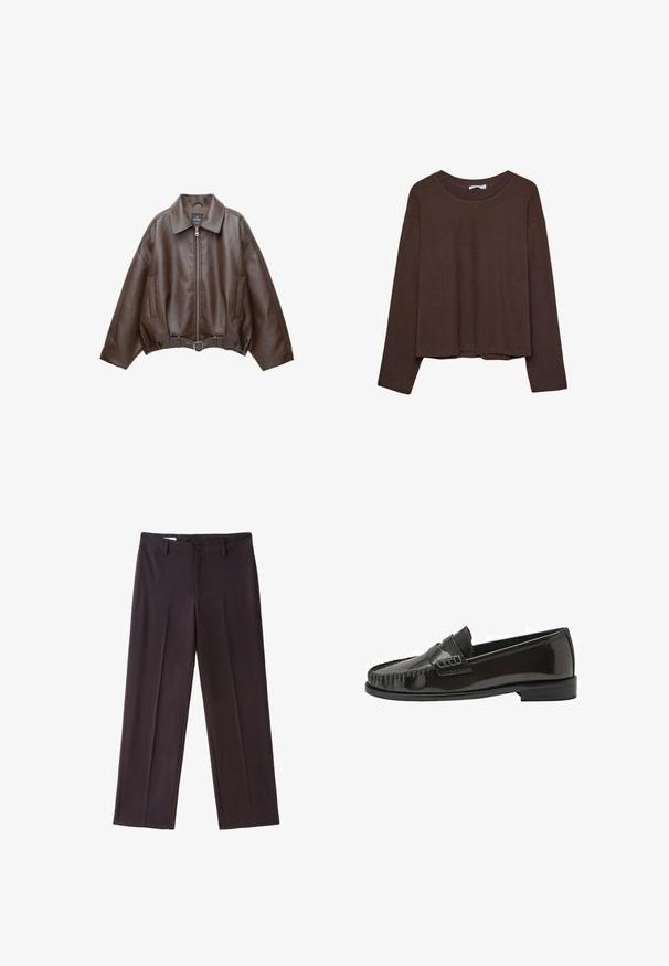Veste en cuir marron foncé avec col, fermeture éclair à l'avant, poches latérales et ceinture en cuir assortie à la taille.; Pull marron à coupe décontractée, col côtelé et manches longues. Texture lisse avec un ourlet arrondi et sans motifs ni accents visibles.; Pantalon brun foncé à jambes droites avec taille, passants de ceinture, fermeture par bouton et plis centraux sur fond blanc.; Mocassin homme noir en cuir verni, sans lacets, avec bout mocassin cousu et talon bas empilé, présenté de profil sur fond blanc.