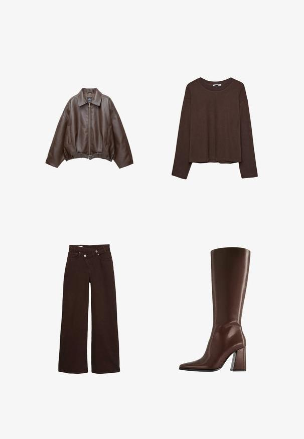 Veste en cuir marron foncé avec col, fermeture éclair à l'avant, poches latérales et ceinture en cuir assortie à la taille.; Pull marron à coupe décontractée, col côtelé et manches longues. Texture lisse avec un ourlet arrondi et sans motifs ni accents visibles.; Jean taille haute, coupe large, couleur marron, avec fermeture éclair et bouton à l'avant, comprenant des poches avant et arrière.; Botte en cuir marron montant jusqu'au genou, avec bout pointu et talon épais de hauteur moyenne, vue de profil sur fond blanc.