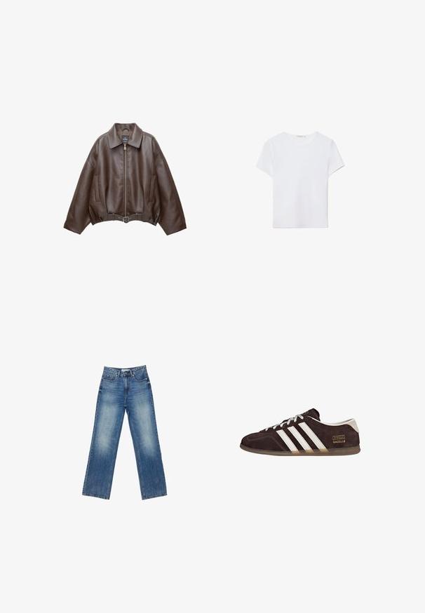 Veste en cuir marron foncé avec col, fermeture éclair à l'avant, poches latérales et ceinture en cuir assortie à la taille.; T-shirt blanc à manches courtes en tissu doux. Dispose d'un col rond et d'un design simple et épuré avec un ourlet droit.; Jean en denim bleu à jambes larges avec une finition délavée, cinq poches, couture visible, fermeture à boutons et à glissière, et coupe droite.; Baskets en suède marron avec trois bandes blanches, semelle en caoutchouc, et étiquette avec le texte "Gazelle" en or. Fermeture à lacets avec lacets gris.
