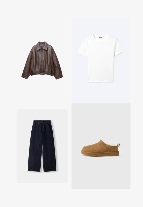 Veste en cuir marron foncé avec col, fermeture éclair à l'avant, poches latérales et ceinture en cuir assortie à la taille.; T-shirt blanc uni à manches courtes et col rond avec une petite étiquette "WEEKDAY" à l'intérieur de l'encolure, présenté à plat sur un fond clair.; Jean large en denim bleu foncé à taille haute, avec cinq poches, des coutures contrastées et des éléments en métal argenté. Texture lisse et finition soignée.; Chaussure mocassin en suède marron avec une douillette doublure en fourrure blanche, semelle plate en caoutchouc, bout arrondi et petite languette au talon.