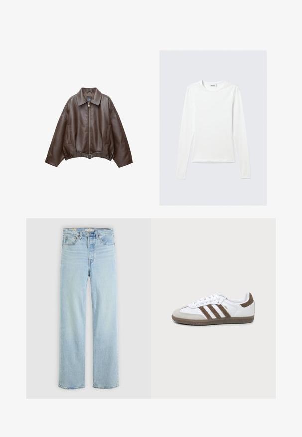 Veste en cuir marron foncé avec col, fermeture éclair à l'avant, poches latérales et ceinture en cuir assortie à la taille.; T-shirt blanc uni à manches longues avec col rond et coupe slim, présenté sur un fond gris clair.; Jean en denim bleu clair avec une coupe droite, comportant cinq poches, une fermeture éclair classique et des accents de couture visibles.; Basket Adidas Samba blanche et marron avec trois bandes marron, lacets et semelle texturée, vue de côté sur fond uni.