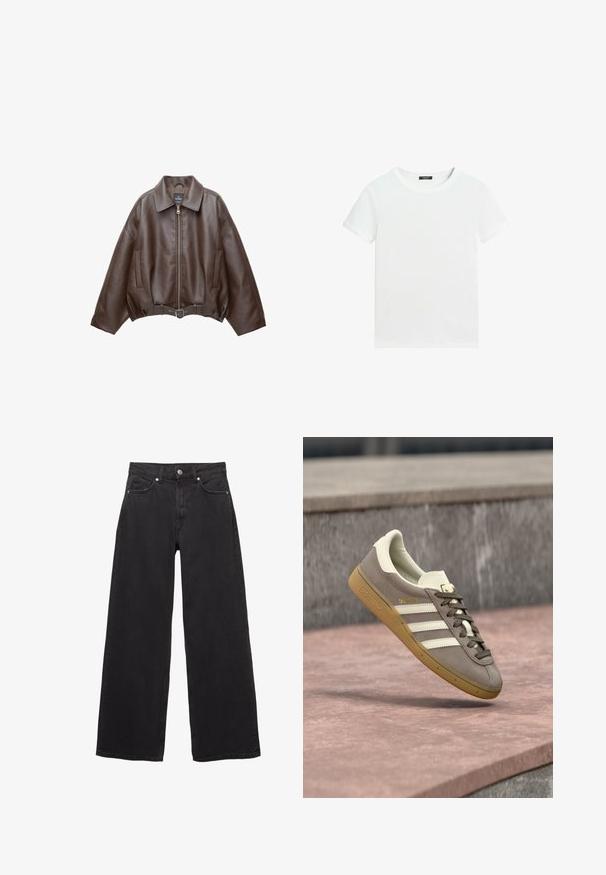 Donkerbruine leren jas met kraag, rits aan de voorkant, zijzakken en een bijpassende leren riem in de taille.; Effen wit T-shirt met korte mouwen, een ronde hals en een klein zwart labeltje aan de binnenkant van de kraag.; Zwarte wijde jeans van denim, met een hoge taille, vijf zakken en een knoopsluiting met subtiele stikseldetails.; Lichtbruine suède Adidas sneaker met witte strepen en een rubberen zool, hangend boven roze stenen traptreden buiten.