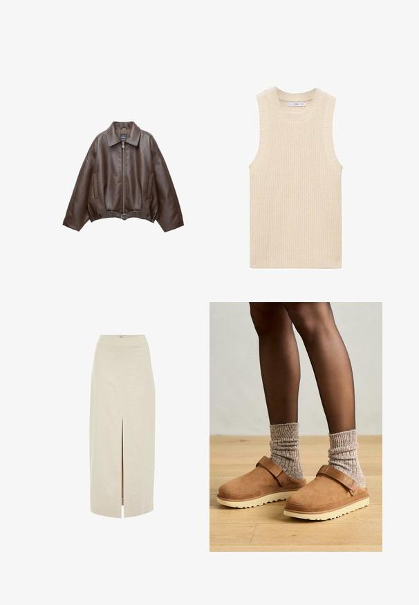 Donkerbruine leren jas met kraag, rits aan de voorkant, zijzakken en een bijpassende leren riem in de taille.; Gehaakte mouwloze top in ivoor, met een geribbelde textuur, brede halslijn en een strak, minimalistisch ontwerp zonder zichtbare sluitingen.; Lichtbeige midi-jurk met een rechte snit en een centrale voorknip. Gemaakt van een gladde stof met een verborgen rits aan de achterkant.; Bruine suède klompen met een band, crèmekleurige rubberen zool en getextureerde grijze breisokken. De vloer is van licht hout.