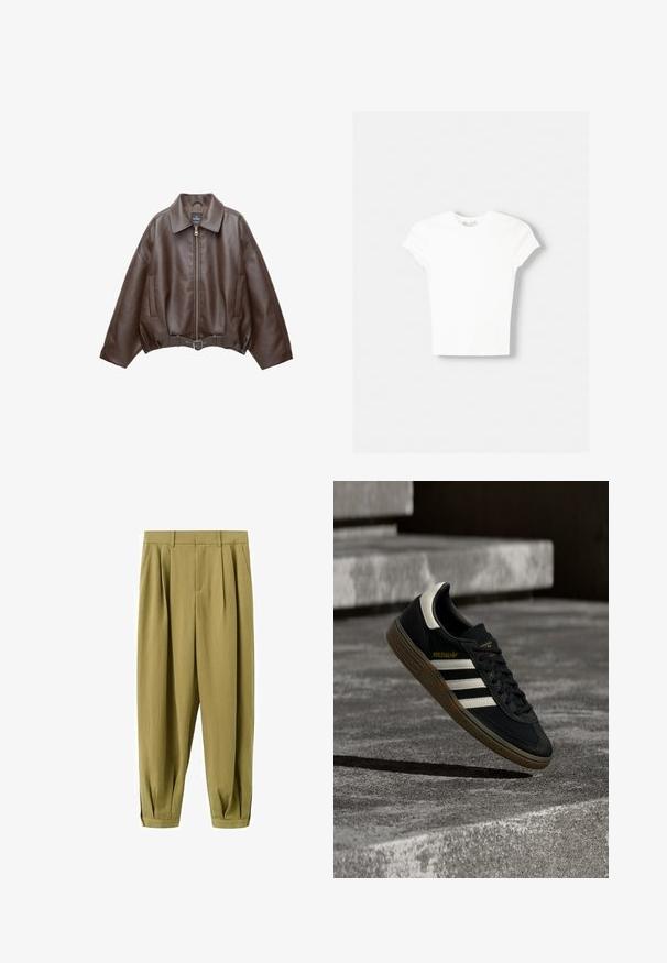 Veste en cuir marron foncé avec col, fermeture éclair à l'avant, poches latérales et ceinture en cuir assortie à la taille.; T-shirt blanc à manches courtes en coton doux, avec un col rond et une coupe ajustée. Pas de motifs ni d'ornements visibles.; Pantalon taille haute fuselé vert olive avec plis à l'avant et ourlets retroussés, doté de poches latérales et de passants pour ceinture.; Baskets Adidas noires avec des bandes blanches et une semelle en gomme flottant au-dessus d'escaliers en béton gris sous une lumière naturelle.