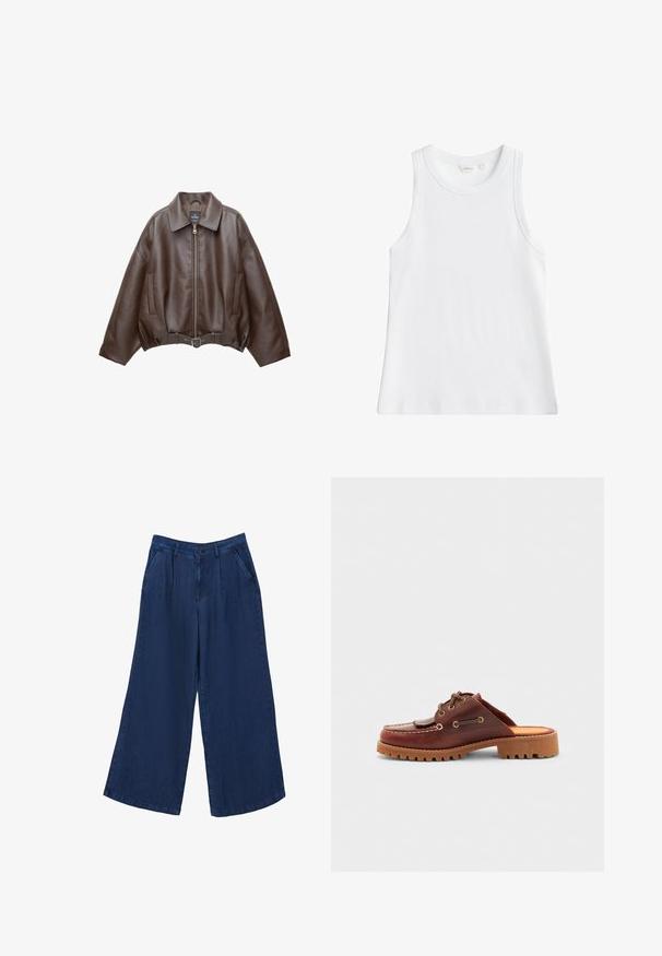 Donkerbruine leren jas met kraag, rits aan de voorkant, zijzakken en een bijpassende leren riem in de taille.; Witte geribbelde mouwloze tanktop met ronde hals, maat small, weergegeven op een effen achtergrond.; Brede denim broeken in donkerblauw. Kenmerken zijn twee voorzakken, een knoopsluiting en een gladde textuur met een lichtgewicht stof.; Bruine lederen instapschoen in mokassinstijl, met decoratieve veters, gouden oogjes en een textuur rubberen zool.