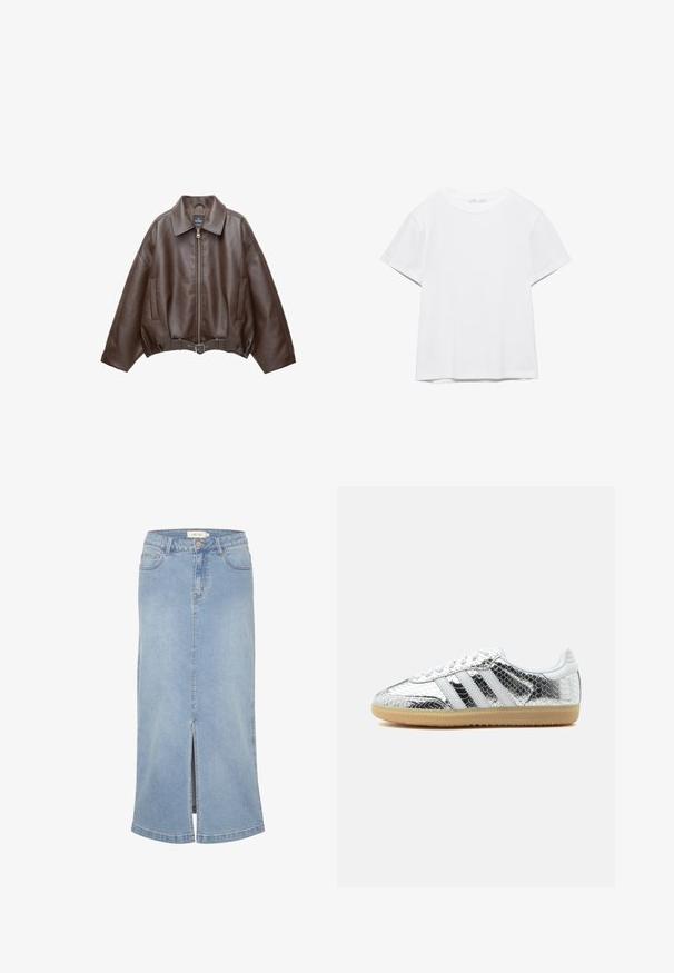 Donkerbruine leren jas met kraag, rits aan de voorkant, zijzakken en een bijpassende leren riem in de taille.; Effen wit T-shirt met korte mouwen en ronde hals, met een rechte zoom, gepresenteerd tegen een witte achtergrond.; Lichtblauwe denim midi rok met een voorknipsel, rechte snit, klassiek vijf-pocket ontwerp en een vervaagde afwerking. Met een wit merkembleem.; Low-top sneaker met zilveren metallic slangenhuidtextuur, witte strepen, witte veters en lichte gumzool op een witte achtergrond.