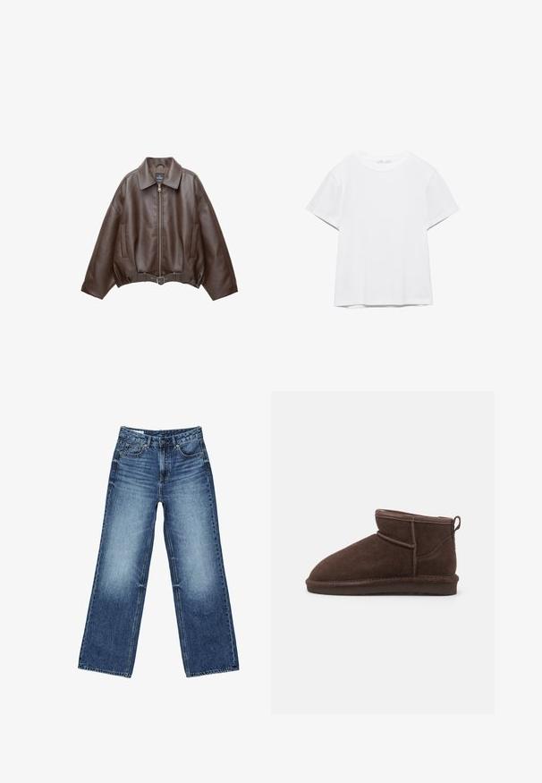 Veste en cuir marron foncé avec col, fermeture éclair à l'avant, poches latérales et ceinture en cuir assortie à la taille.; T-shirt blanc uni à manches courtes et col rond, avec un ourlet droit, présenté sur un fond blanc.; Jean en denim bleu avec un effet délavé sur les cuisses, coupe droite à jambes larges, fermeture avant avec bouton, fermeture éclair, et style cinq poches.; Bianco BIASNOW - Boots à talons - dark brown
