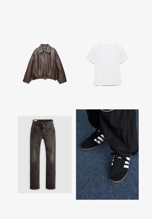 Mørkebrun læderjakke med krave, lynlås foran, sidelommer og et matchende læderbælte ved taljen.; Hvid, kortærmet T-shirt med rund hals og lige kant, vist på en hvid baggrund.; Mørkegrå lige ben jeans lavet af denim, der har en knaplukning, fem-lommemodel og subtile falmede detaljer på stoffet.; Sorte suedetrainingssko med tre hvide striber og sorte snørebånd. Et tekstureret sort bukser er delvist synligt ved siden af skoene.