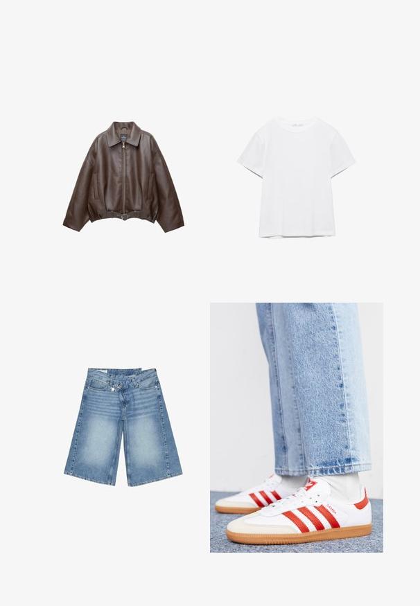 Veste en cuir marron foncé avec col, fermeture éclair à l'avant, poches latérales et ceinture en cuir assortie à la taille.; T-shirt blanc uni à manches courtes et col rond, avec un ourlet droit, présenté sur un fond blanc.; Short en denim bleu longueur genou avec une coupe large, poches avant, passants pour ceinture et taille partiellement déboutonnée.; Baskets en cuir blanc avec des rayures et des accents rouges. Dotées d'une semelle extérieure en gomme texturée et d'un col rembourré. Portées avec un jean en denim bleu clair.