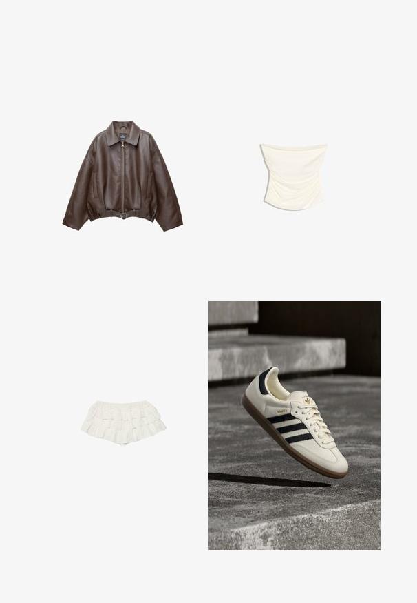 Veste en cuir marron foncé avec col, fermeture éclair à l'avant, poches latérales et ceinture en cuir assortie à la taille.; Haut tube drapé en satin couleur crème avec un design froncé et un ourlet légèrement incurvé sur fond blanc.; Mini-jupe blanche à volants superposés avec taille élastique, présentant des panneaux de tissu superposés et une texture légère et douce.; Baskets blanches Adidas Samba avec des bandes noires et une semelle en gomme, flottant au-dessus de marches en béton gris texturé.