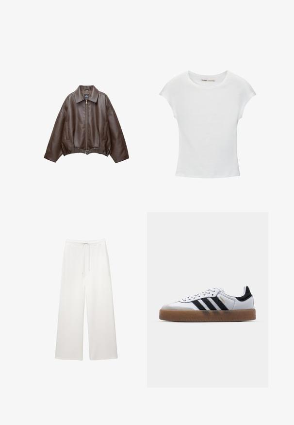 Veste en cuir marron foncé avec col, fermeture éclair à l'avant, poches latérales et ceinture en cuir assortie à la taille.; T-shirt en coton blanc avec manches courtes retroussées, encolure ronde et ourlet droit. Texture lisse sans motifs ni accents visibles.; Pantalons larges blancs amples avec taille élastique et cordon de serrage, conçus pour un look décontracté.; Baskets en cuir blanc avec des rayures noires, semelle extérieure en caoutchouc beige, bout rond, fermeture lacée et embout en suède gris doux.