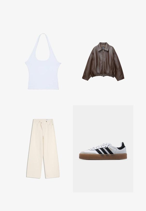Veste en cuir marron foncé avec col, fermeture éclair à l'avant, poches latérales et ceinture en cuir assortie à la taille.; Haut blanc sans manches à col halter avec un profond décolleté arrondi et une taille cintrée, présenté à plat sur fond blanc.; Pantalon large couleur écru avec poches avant, passants pour ceinture, et boutons argentés sur la ceinture et les bords des poches.; Baskets en cuir blanc avec des rayures noires, semelle extérieure en caoutchouc beige, bout rond, fermeture lacée et embout en suède gris doux.