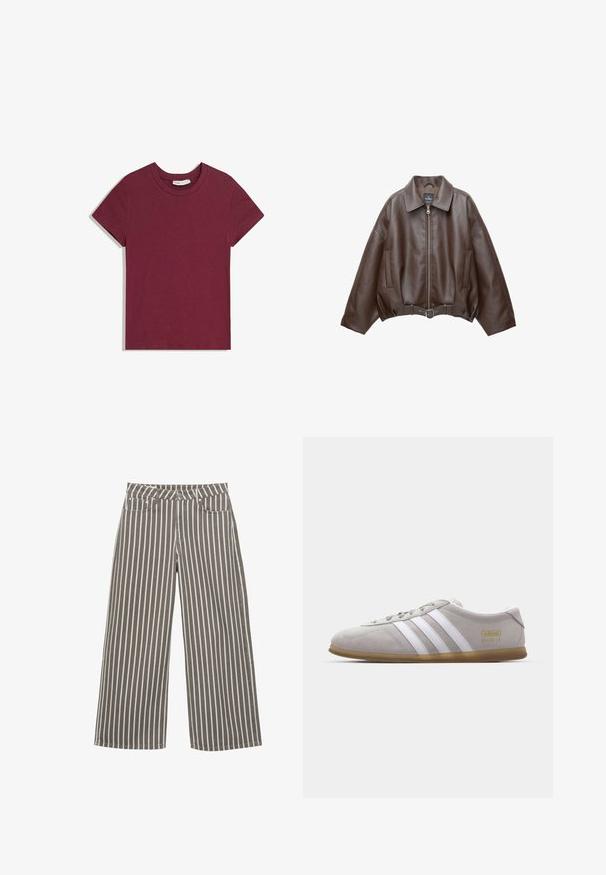 Veste en cuir marron foncé avec col, fermeture éclair à l'avant, poches latérales et ceinture en cuir assortie à la taille.; T-shirt à manches courtes avec col rond, de couleur rouge foncé unie, étalé à plat sur un fond blanc.; Pantalon à jambes larges avec des rayures blanches verticales sur un tissu gris, avec poches avant et taille boutonnée.; Baskets en daim gris avec des rayures en cuir blanc et un logo doré. Semelle en gomme plate, bout rond et design classique à lacets.