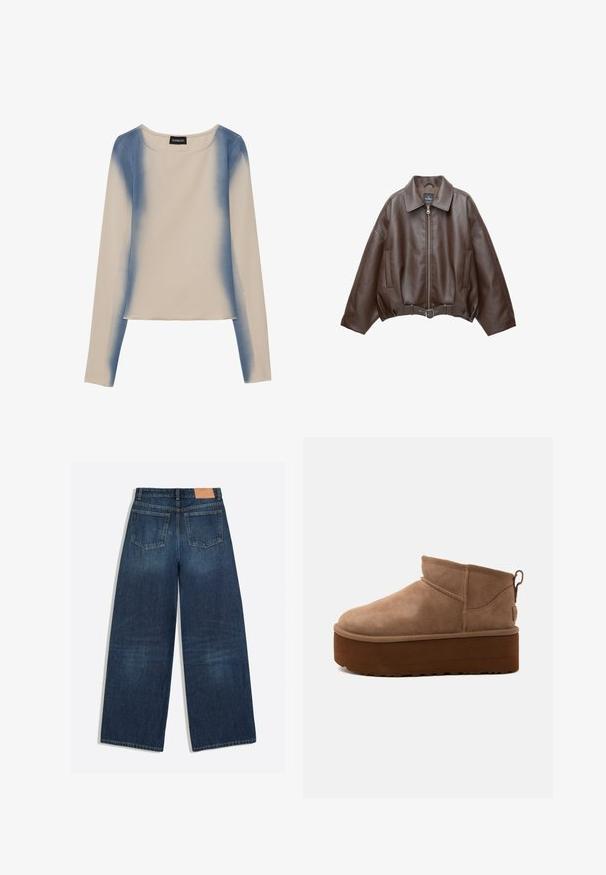 Veste en cuir marron foncé avec col, fermeture éclair à l'avant, poches latérales et ceinture en cuir assortie à la taille.; Haut à manches longues en beige clair, avec un design dégradé bleu. Texture lisse avec un col rond et une taille droite.; Jean denim bleu foncé à jambes larges avec deux poches arrière et une étiquette en cuir marron à la ceinture.; Bottine marron en daim de hauteur moyenne, style slip-on, avec une semelle épaisse compensée et un onglet à l’arrière sur fond clair.
