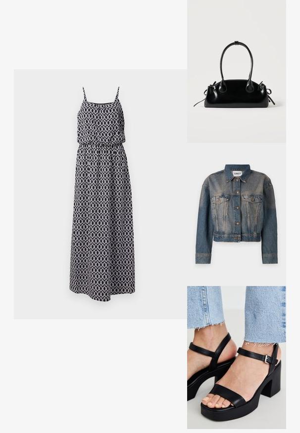 Blå denimjakke med en cropped design, der har to brystlommer, metalknapper og en klassisk skjortekrave. Faded tekstur gennem hele jakken.; Maxikjole med sort og hvid geometrisk mønster, ærmeløs design, smocket talje og justerbare stropper. Letvægtsstof for komfort.; ALDO CELIE - Højhælede sandaletter / Højhælede sandaler - black; Lille sort blank håndtaske med to lange håndtag og snøre-detaljer i siden på en ensfarvet lys baggrund.