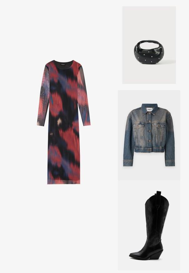 Veste en denim bleu avec une coupe crop, dotée de deux poches poitrine, de boutons en métal et d'un col de chemise classique. Texture délavée sur l'ensemble.; Robe à manches longues avec un motif abstrait multicolore en rouge, noir et bleu. Tissu lisse avec un col rond et une coupe droite.; Botte de cowboy en cuir noir avec bout pointu, talon bloc incliné, couture décorative et languettes en haut sur fond blanc.; Sac à main en cuir noir de forme arrondie, décoré de clous argentés et équipé d'une poignée courte. Texture lisse et fermeture éclair.