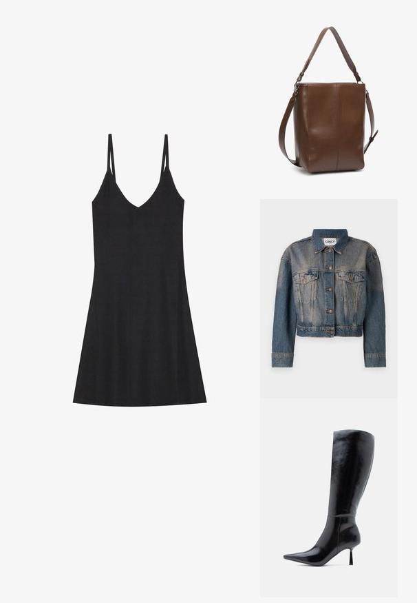 Blå denimjakke med en cropped design, der har to brystlommer, metalknapper og en klassisk skjortekrave. Faded tekstur gennem hele jakken.; Sort ribbet slipkjole med V-hals og tynde justerbare stropper. Har en afslappet pasform, der falder over knæene, med minimalistisk design.; Sorte knæhøje stiletto støvler med en skinnende læderoverflade, spids tå og slank, konisk hæl, der har en glat overflade og et strømlinet design.; Brun skuldertaske i læder med en glat tekstur, rektangulær form og justerbar rem. Har et rent sømdesign og diskret glans.