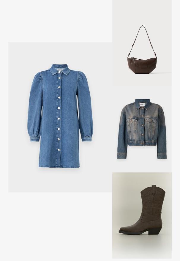 Blå denimjakke med en cropped design, der har to brystlommer, metalknapper og en klassisk skjortekrave. Faded tekstur gennem hele jakken.; Denimkjole med lange puffede ærmer, knapåbning foran, krave og lige snit. Blåt stof med en glat overflade.; Mellemhøj brun læder cowboystøvle med spids snude, dekorativ syning, trækstrop og skråt blokhælk på neutral baggrund.; Brun læder skuldertaske med buet bund og justerbar rem mod en ensfarvet lys baggrund.