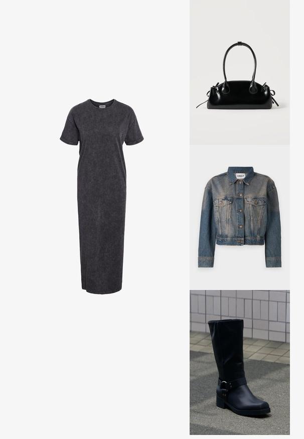 Blå denimjakke med en cropped design, der har to brystlommer, metalknapper og en klassisk skjortekrave. Faded tekstur gennem hele jakken.; Grå, knælang t-shirt kjole lavet af blødt materiale, med korte ærmer og afslappet pasform, samt en subtil stone-wash tekstur.; Sort læderstøvle midt på læggen med lav blokhæle og en dekorativ rem med metal spænde rundt om anklen, på en flisebelagt fortov.; Lille sort blank håndtaske med to lange håndtag og snøre-detaljer i siden på en ensfarvet lys baggrund.