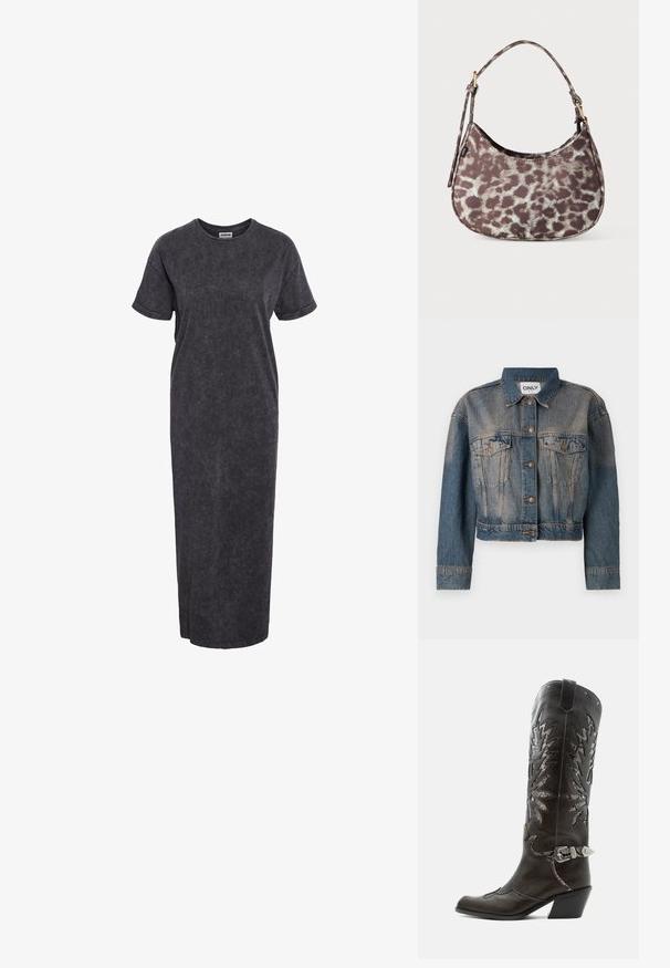 Sinine denim-jakk lühikese disainiga, millel on kaks rinna taskut, metallnupud ja klassikaline krae. Kõikjal on pleekinud tekstuur.; Hallide, põlve pikkune t-särgidress pehmest materjalist, lühikeste varrukatega ja mugava lõikega, millel on peen kivipesu tekstuur.; Mustast nahast kameelisaap kaunistavate lõigetega, hõbedase pandla ja kaldu kannaosaga, valgel taustal.; Väike käekott tumepruuni ja heledabeži loomamustriga ning lühikese õlarihmaga valgel taustal.