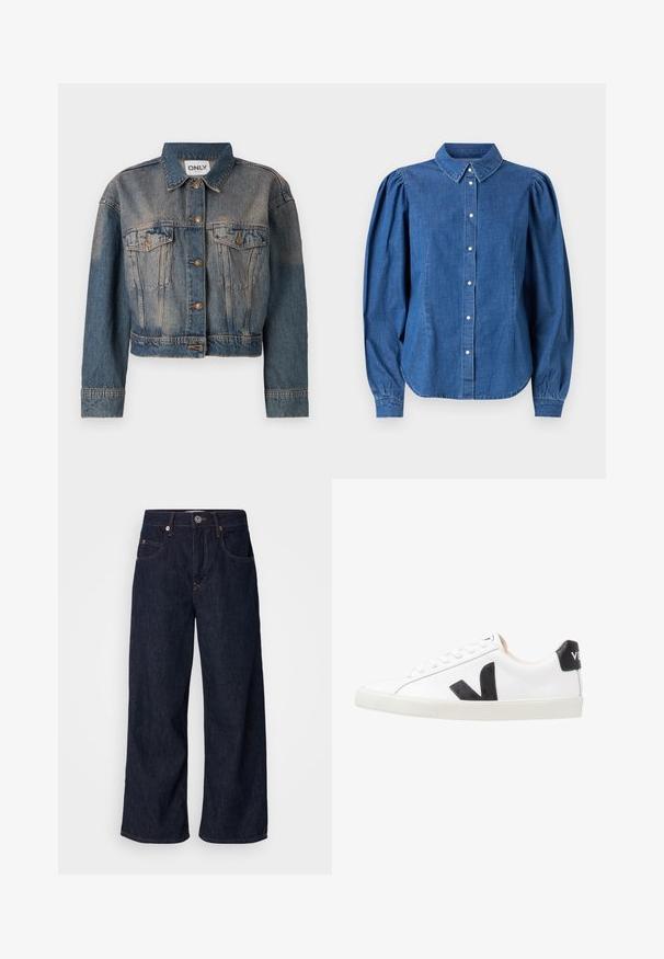 Sinine denim-jakk lühikese disainiga, millel on kaks rinna taskut, metallnupud ja klassikaline krae. Kõikjal on pleekinud tekstuur.; Heledane särk heledast sinisest värvist, nööpidega ees ja kohandatud kraega. Omab puhvvarrukatega pikki varrukaid ja kõverat ääret.; Tumed jalgadega teksad sügavas sinises, millel on kõrge vöökoht, kaks esimest taskut, nööbiga sulgemine ja kontrastsete õmblustega.; Valge tenniseking musta V-logoga, sujuva nahast pealispinnaga, ümarate varvastega, nööridega sulgemisega ja kontrastse musta kannaootsaga.