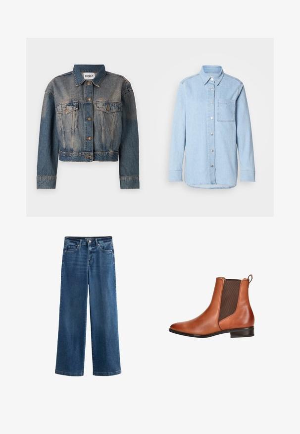 Blå denimjakke med en cropped design, der har to brystlommer, metalknapper og en klassisk skjortekrave. Faded tekstur gennem hele jakken.; Lyseblå denimskjorte med knaplukning foran, spids krave, enkelt brystlomme og lange ærmer med knapmanchetter.; Blå vidde jeans i denim med høj talje, fem lommer, subtile slidte detaljer, knaplukning og kontrasterende syninger.; Brun læder ankelstøvle med elastiske sidepaneler, glat finish, afrundet tå og en lav stablet hæl. Accentsyning langs sømmene.