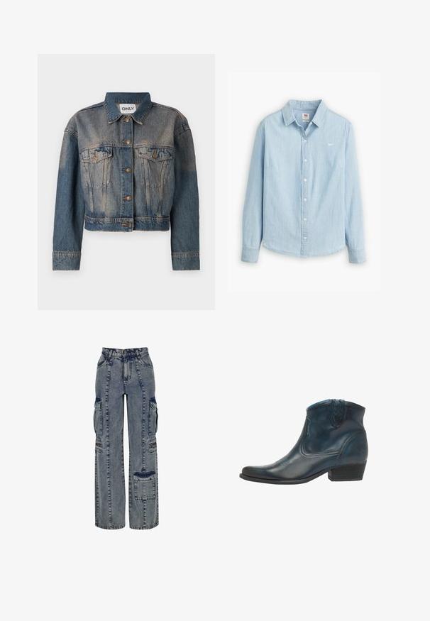 Blå denimjakke med en cropped design, der har to brystlommer, metalknapper og en klassisk skjortekrave. Faded tekstur gennem hele jakken.; Lyseblå skjorte med knapper lavet af blødt denimstof. Har en klassisk krave og lange ærmer, med et lille logo på brystet.; Denim cargo bukser i lyseblå. Har vide ben, flere sidelommer og kontrasterende mørke denim detaljer. Struktureret med synlige sømme.; Cowboy ankel støvler lavet af mørkeblåt læder, med spidse tæer, buede detaljer og en lav, stablet hæl med subtile syninger.