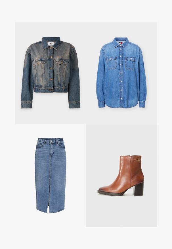 Sinine denim-jakk lühikese disainiga, millel on kaks rinna taskut, metallnupud ja klassikaline krae. Kõikjal on pleekinud tekstuur.; Hele sinine teksapluus pikkade varrukatega, kahe ees oleva lapakangaga tasku ja kraega, valgel taustal eksponeeritud.; Heledsinine denim midi seelik, millel on ees lõhik, viis taskut, püksivööloop ning nööpidega kinnitamine vööl. Klassikaline lõige ja tekstuur.; Pruunist nahast pahkluu saabas ruudukujulise varbaga ja ploki kontsaga. Küljel on kullast pandla aksessuaar ja sile tekstuur.