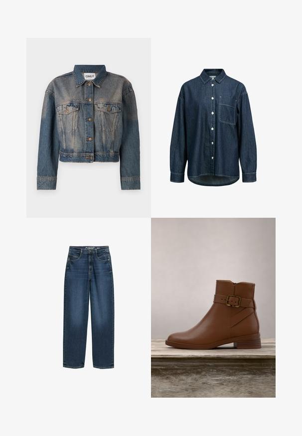 Sinine denim-jakk lühikese disainiga, millel on kaks rinna taskut, metallnupud ja klassikaline krae. Kõikjal on pleekinud tekstuur.; Tumesinise värvusega teksasärk, millel ees nööpimiskinnitus, teravaotstega krae, pikad varrukad ja rindtasku. Peen valge õmblus on nähtav.; Tumedat sinised laiad teksad kõrge vöökohaga, ees taskud ja klassikaline denimtekstuur. Täiendatud peente tikandite detailidega ja sirgete sääreavadega.; Pruun nahast pahkluu saabas ümara varba, külgmise pandlaga detaili ja madala kandega. Sile tekstuur loomuliku taustaga.