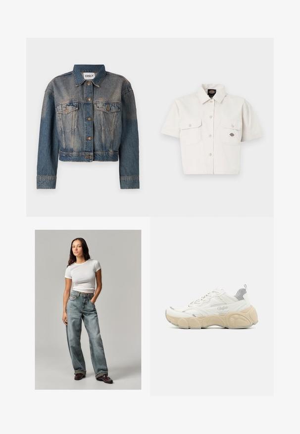 Blauwe spijkerjack met een cropped ontwerp, voorzien van twee borstzakken, metalen knopen en een klassieke overhemdkraag. Vervaagde textuur overal.; Korte mouwen, cropped wit shirt van katoen met twee borstzakken, knoopsluiting aan de voorkant en een logo patch op de linker zak.; Lichtblauwe denim wijde spijkerbroeken met vervaagde details, hoge taille en zakken aan de voorkant. Gecombineerd met een aansluitend wit T-shirt met korte mouwen en bordeauxrode schoenen.; Witte sneaker met een bovenwerk van mesh en glad leer, met een gevoerde kraag, een gemêleerde rubberen zool en subtiele metallic accenten.