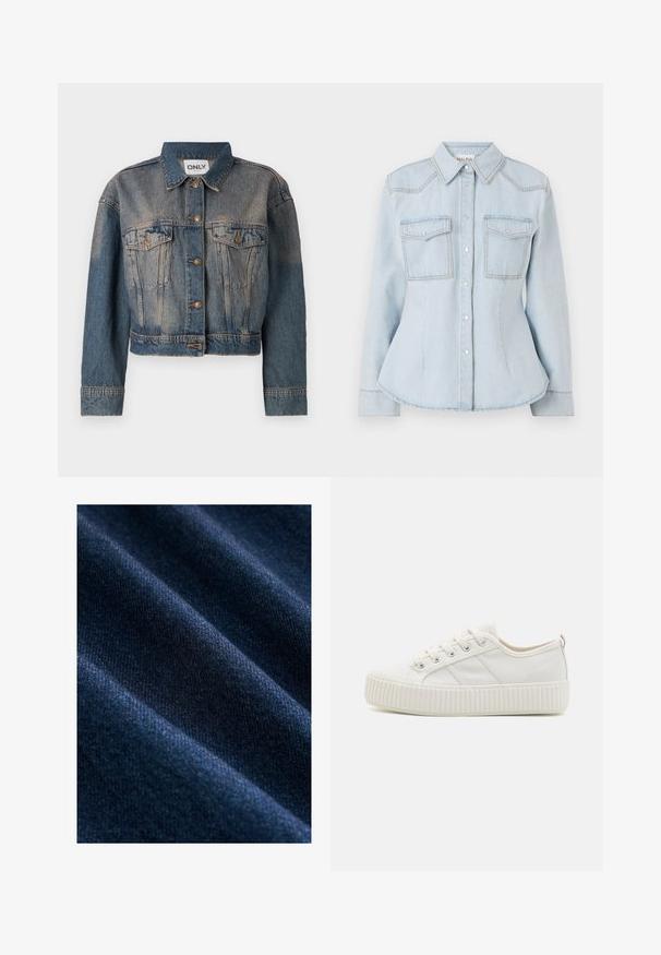 Blaue Jeansjacke mit verkürztem Design, ausgestattet mit zwei Brusttaschen, Metallknöpfen und einem klassischen Hemdkragen. Durchgehende verblasste Textur.; Hellblaues Denim-Hemd mit tailliertem Design, spitzem Kragen, zwei Brusttaschen und kontrastierenden Nähten. Verfügt über eine Knopfleiste und lange Ärmel.; Dunkelblauer Jeansstoff mit einer glatten Textur, der sichtbare diagonale Webmuster sowie subtile Farb- und Glanzvariationen aufweist.; Weiße Segeltuchturnschuhe mit einer strukturierten Gummisohle, runder Zehenpartie und Schnürdesign, das drei seitliche Streifen aufweist.
