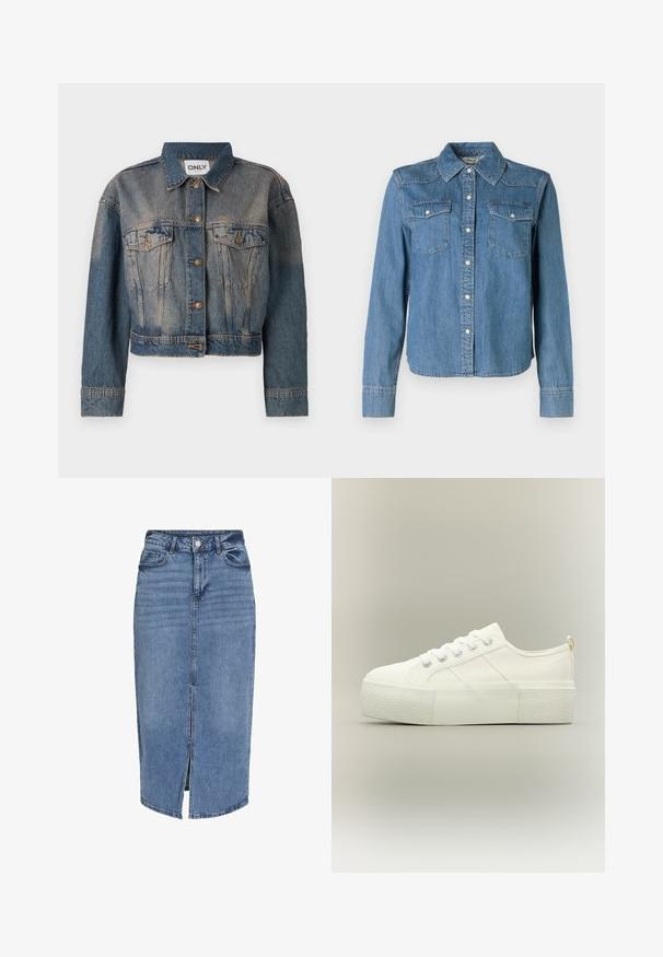 Blaue Jeansjacke mit verkürztem Design, ausgestattet mit zwei Brusttaschen, Metallknöpfen und einem klassischen Hemdkragen. Durchgehende verblasste Textur.; Die Denim-Hemd zeichnet sich durch einen hellblauen Farbton, einen klassischen Kragen und zwei Brusttaschen aus. Es hat Druckknöpfe und lange Ärmel mit Knopfmanschetten.; Denim-Midikleid in Hellblau mit einem Schlitz vorne, fünf Taschen, Gürtelschlaufen und einem Knopfverschluss an der Taille. Klassische Passform und Textur.; Weißer Plateau-Sneaker mit dicker, texturierter Sohle, Schnürung vorne und dezenten Steppdetails auf neutralem Hintergrund.