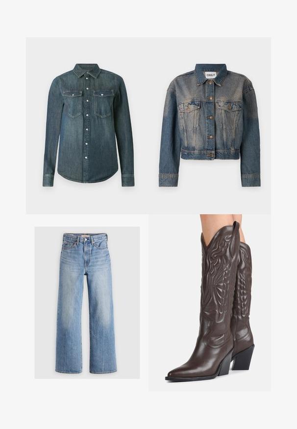 Sinine denim-jakk lühikese disainiga, millel on kaks rinna taskut, metallnupud ja klassikaline krae. Kõikjal on pleekinud tekstuur.; Pika varrukaga tumedasinine teksasärk, ees nööpidega ja kaks rindtaskut, millel on klapid ja nööbid.; Heledad sinine teksariidest laiad püksid, kõrge vöökoht, pleekinud alad, viis taskut ja kontrastne õmblus. Klassikaline nööp ja tõmblukk.; Tumepruunid nahast põlvikud cowboy-saapad teravate varvaste, dekoratiivse õmblusega ja kalduvate plokk-kontsadega, mida kannab inimene.