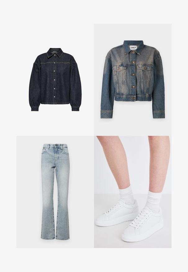 Veste en denim bleu avec une coupe crop, dotée de deux poches poitrine, de boutons en métal et d'un col de chemise classique. Texture délavée sur l'ensemble.; Chemise en denim bleu foncé avec des manches longues bouffantes, boutonnée à l'avant et avec des coutures jaunes contrastantes sur la poitrine et les manches.; Jeans évasés en denim délavé avec taille haute, comportant cinq poches et un matériel minimal. Le tissu a une texture lisse et une finition décolorée.; Copenhagen Studios CPH72 - Baskets basses - white