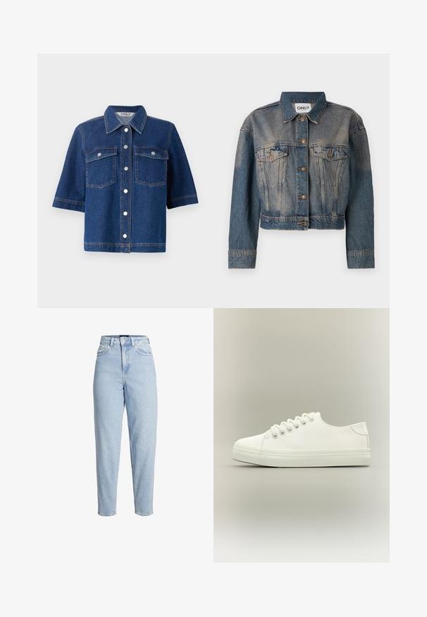 Blå denimjakke med en cropped design, der har to brystlommer, metalknapper og en klassisk skjortekrave. Faded tekstur gennem hele jakken.; Mørkeblå denimjakke med korte ærmer, to brystlommer, sølvfarvede trykknapper og en krave.; Lys blå, høj talje, denimjeans med forreste knap- og lynlåslukning, bæltestropper og tilspidsede ben.; Hvid lavtop sneaker med hvide snørebånd og gummisål vist fra siden på en neutral baggrund.