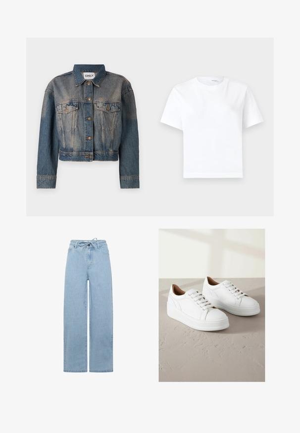 Blå denimjakke med en cropped design, der har to brystlommer, metalknapper og en klassisk skjortekrave. Faded tekstur gennem hele jakken.; Hvid kortærmet bomuld t-shirt med rund halsudskæring og lige kant, vist på en hvid baggrund.; Lyseblå vidde jeans lavet af denim, med en snoretræk i taljen og et standard fem-lomme design. Stoffet har en glat tekstur.; Hvide lædersneakers med en plateau sål, som har en rund tå, seks snørrehuller og diskrete side-syninger.
