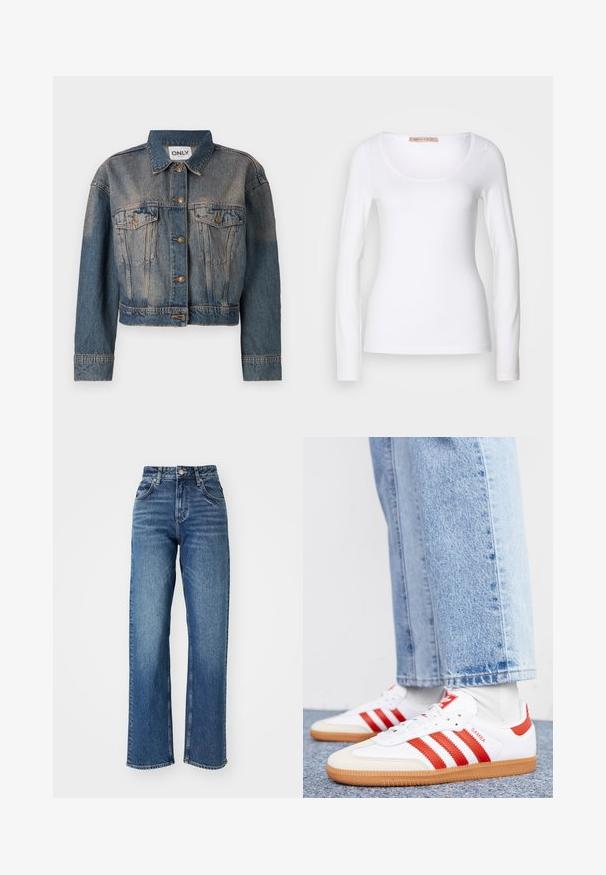 Veste en denim bleu avec une coupe crop, dotée de deux poches poitrine, de boutons en métal et d'un col de chemise classique. Texture délavée sur l'ensemble.; T-shirt en coton blanc à manches longues, avec un col rond et une coupe ajustée, au toucher doux et sans ornement.; Jeans taille haute, à jambe large en denim bleu. Comprend cinq poches, une fermeture à bouton et un dégradé subtil sur le tissu.; Baskets en cuir blanc avec des rayures et des accents rouges. Dotées d'une semelle extérieure en gomme texturée et d'un col rembourré. Portées avec un jean en denim bleu clair.