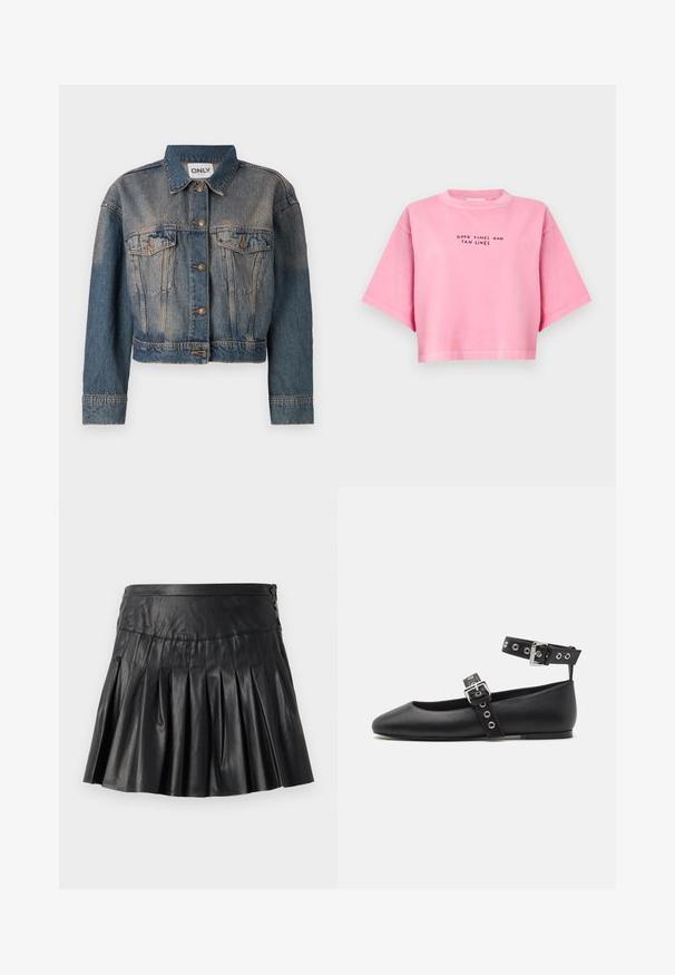 Blå denimjakke med en cropped design, der har to brystlommer, metalknapper og en klassisk skjortekrave. Faded tekstur gennem hele jakken.; Rosa cropped t-shirt lavet af blødt stof, med korte ærmer og teksten "GOOD TIMES AND TAN LINES" trykt i sort.; Sort plisseret mininederdel i kunstlæder med bred linning og knapdetaljer på højre side, vist på en ensfarvet baggrund.; Steve Madden MACBETH - Ballerinasko m/ rem - black