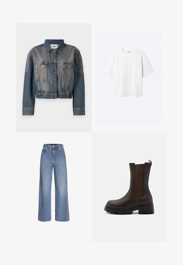 Blaue Jeansjacke mit verkürztem Design, ausgestattet mit zwei Brusttaschen, Metallknöpfen und einem klassischen Hemdkragen. Durchgehende verblasste Textur.; Weißes T-Shirt mit kurzen Ärmeln und Rundhalsausschnitt mit geradem Saum, innen mit gebrandetem "WEEKDAY"-Label am Kragen.; Hellblaue Jeans mit hoher Taille, weitem Bein, vorderer Knopf- und Reißverschluss und Fünf-Taschen-Design.; Braune Leder-Stiefeletten mit elastischen seitlichen Einsätzen, groben Gummisohlen und einer Zuglasche auf der Rückseite. Strukturierte Oberfläche. Robuste Bauweise.