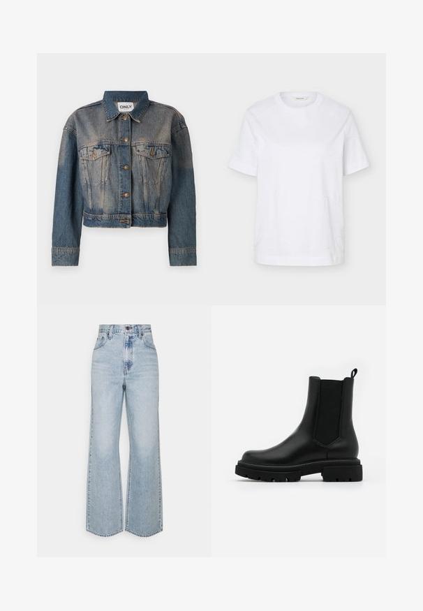 Veste en denim bleu avec une coupe crop, dotée de deux poches poitrine, de boutons en métal et d'un col de chemise classique. Texture délavée sur l'ensemble.; T-shirt blanc à manches courtes col rond avec un subtil motif ondulé cousu et une petite étiquette beige à l’intérieur du col.; Jean large en denim bleu clair avec taille haute, design classique à cinq poches et couture contrastante. Détail de ourlet brut en bas.; Des bottes Chelsea noires en cuir présentent une surface lisse, des panneaux latéraux élastiques, une languette et une semelle en caoutchouc épaisse avec un motif texturé.