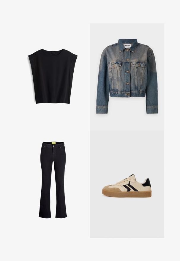 Blaue Jeansjacke mit verkürztem Design, ausgestattet mit zwei Brusttaschen, Metallknöpfen und einem klassischen Hemdkragen. Durchgehende verblasste Textur.; Schwarzes Kurzarmoberteil mit rundem Halsausschnitt. Weicher Stoff mit strukturierten, gestickten Akzenten an den Schultern. Legere Passform, ohne Verschlüsse.; Schwarze Jeans mit ausgestelltem Bein aus Jeansstoff, im klassischen fünf-Taschen-Design, mit einem Knopf- und Reißverschluss sowie einem kontrastierenden gelben Markenetikett am Bund.; Beige Sneaker mit schwarzen Akzenten, aus Wildleder und Leder, im Low-Top-Design, runder Zehenform, strukturieller beige Gummisohle und Schnürsystem.