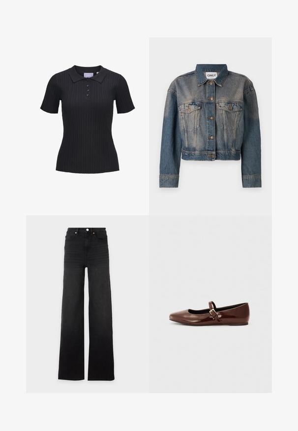 Sinine denim-jakk lühikese disainiga, millel on kaks rinna taskut, metallnupud ja klassikaline krae. Kõikjal on pleekinud tekstuur.; Must lühikeste varrukatega soonikkoes polo-särk nelja nupuga ja traditsioonilise kraega.; Mustad kõrge vöökohaga laialõikelised teksad, ees nupp, vööaasad ja viis taskut valgel taustal.; Pruun patendiga nahast pallisaapad ruudukujulise varbaga ja rihmaga, millel on väike kuldne pandla. Sile tekstuur, madal konts ja minimalistlik disain.