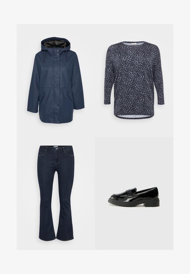 Marineblaue Regenjacke mit Kapuze, Druckknöpfen, verstellbaren Zugbändern und zwei vorderen Klappentaschen.; Langärmliges Oberteil mit Leopardenmuster in Marineblau und Hellblau, mit einem lockeren Schnitt, Rundhalsausschnitt und abgerundetem Saum mit seitlichen Schlitzen.; Dunkelblaue, hoch taillierte Jeans aus Denim mit schmalem Oberschenkel und leicht ausgestelltem Beinende, ausgestattet mit Fronttaschen und einem Knopfverschluss.; Schwarze Lacklederloafers mit dicker schwarzer Gummisohle, ausgestattet mit einem gesteppten Vorderblatt und einer glatten, glänzenden Oberfläche.