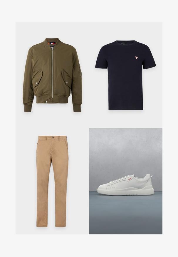 Veste bomber olive verte avec fermeture éclair, col côtelé, poches latérales et tissu texturé avec une finition lisse.; T-shirt en coton bleu marine avec un col rond et des manches courtes ; présente un petit logo en forme de triangle rouge sur le côté gauche de la poitrine.; Chinos beige à jambes droites en coton. Présentent un bouton à l'avant, une fermeture éclair, et des poches latérales avec une texture lisse et sans motifs visibles.; Sneaker blanche avec une finition en cuir lisse, bout rond, quatre œillets, perforations subtiles et un détail de logo rouge sur le côté.