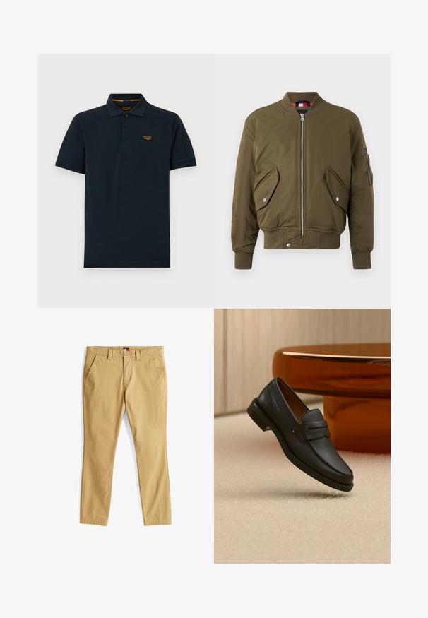 Cazadora bomber verde oliva con cierre de cremallera, cuello acanalado, bolsillos laterales y una tela texturizada con un acabado suave.; Polo de manga corta en azul marino oscuro con tres botones, cuello y pequeño logo naranja de PME Legend en el pecho izquierdo.; Chinos beige con un frente plano, passantes para cinturón, dos bolsillos laterales y un bolsillo trasero, fabricados en una tela de algodón ligera.; Mocasín de hombre de cuero negro con una banda en la parte superior, exhibido sobre una alfombra beige cerca de una mesa circular moderna marrón.