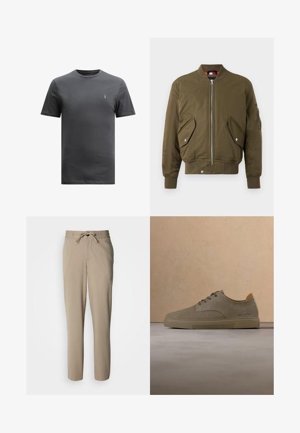 Olivovo zelená bomber bunda s obojsmerným zipsom, ribbed golierom, bočnými vreckami a textúrovanou tkaninou so hladkým povrchom.; AllSaints BRACE CREW - Základné tričko - CARTER GREY; Béžové nohavice z mäkkej látky, s pásom na šnúrku a pohodlným strihom, s rovným strihom nohavíc a bez viditeľných vreciek.; Béžová semišová teniska na šnurovanie s gumovou podrážkou, značková "Marc O'Polo", vznášajúca sa nad textúrovaným béžovým kobercom v miestnosti s neutrálnymi tónmi.