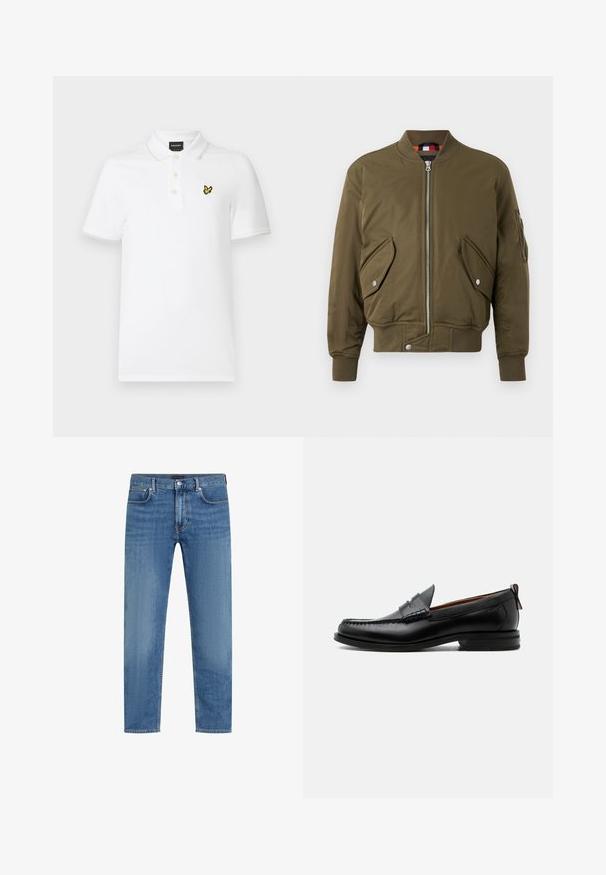 Λαδί bomber jacket με φερμουάρ, ριμπ λαιμόκοψη, πλαϊνές τσέπες και υφή υφάσματος με λεία επιφάνεια.; Λευκό μπλουζάκι πόλο με κοντά μανίκια, γιακά, τρία κουμπιά και ένα μικρό κίτρινο-μαύρο λογότυπο πουλιού στο αριστερό στήθος.; Μπλε τζιν παντελόνι με ίσια γραμμή, πέντε τσέπες, κουμπί και φερμουάρ, και διακριτική φθορά στους μηρούς.; Μαύρο δερμάτινο ανδρικό μοκασίνι με ραφή moc toe, λουράκι penny, υφασμένο γιακά και χαμηλό συστοιχισμένο τακούνι σε λευκό φόντο.